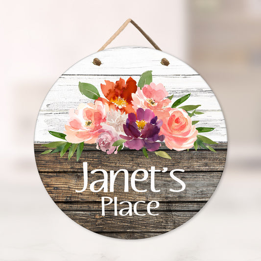 Personalized Floral Door Sign - Assisted Living Room Sign with Rustic Wood Design