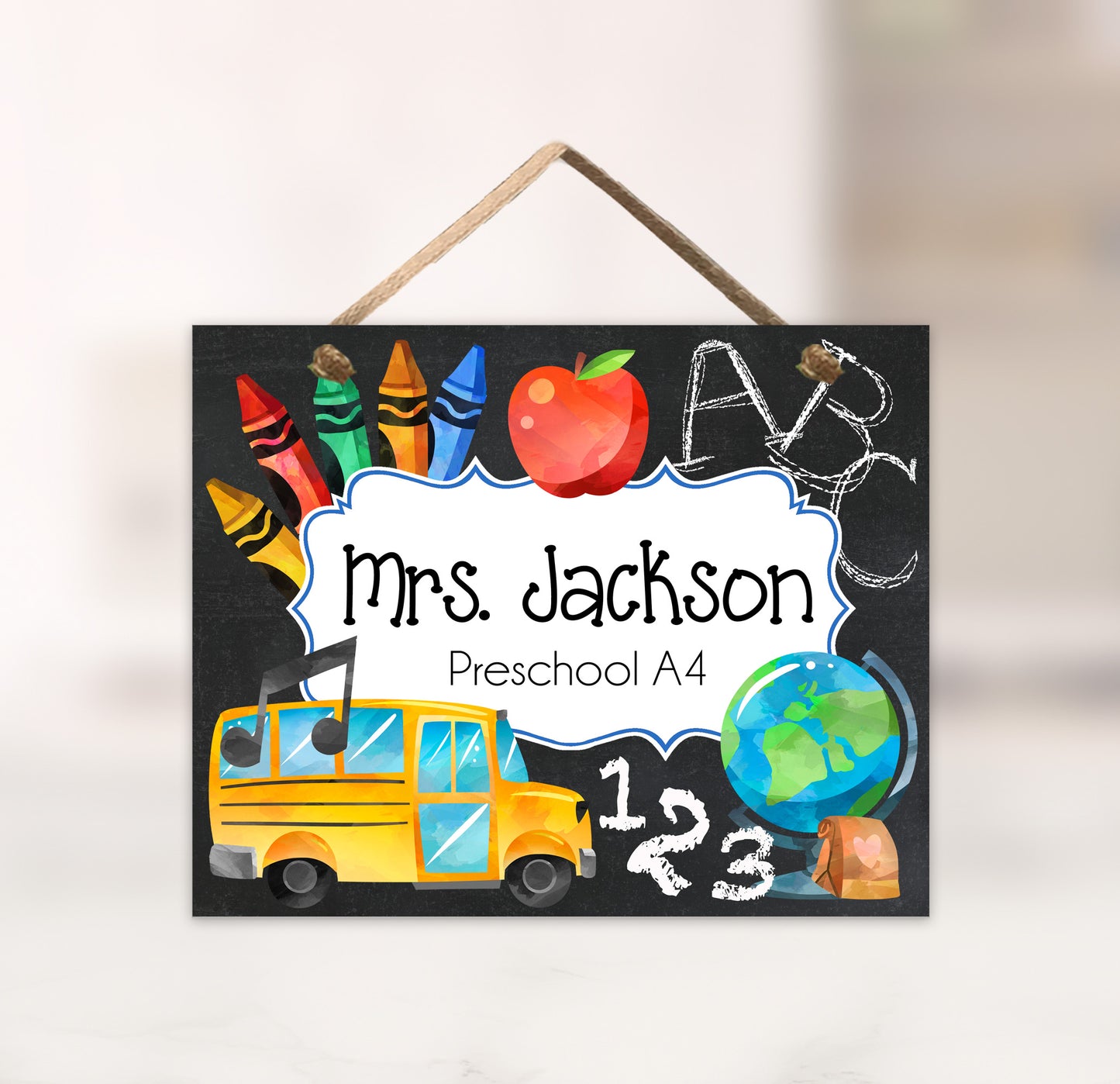 Personalized Elementary Classroom Door Sign - School Bus & Crayon