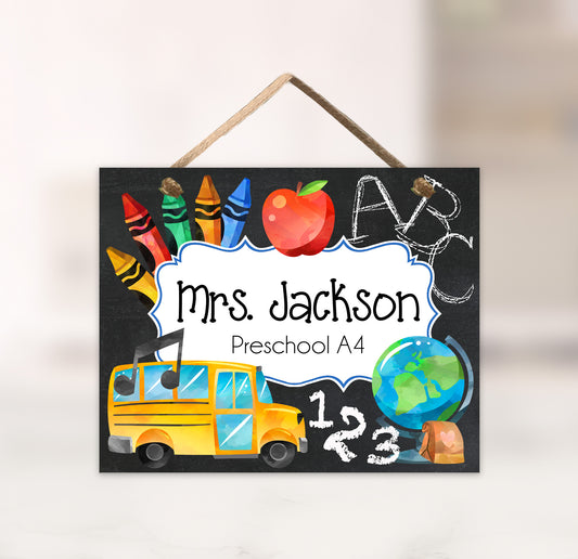 Personalized Elementary Classroom Door Sign - School Bus & Crayon